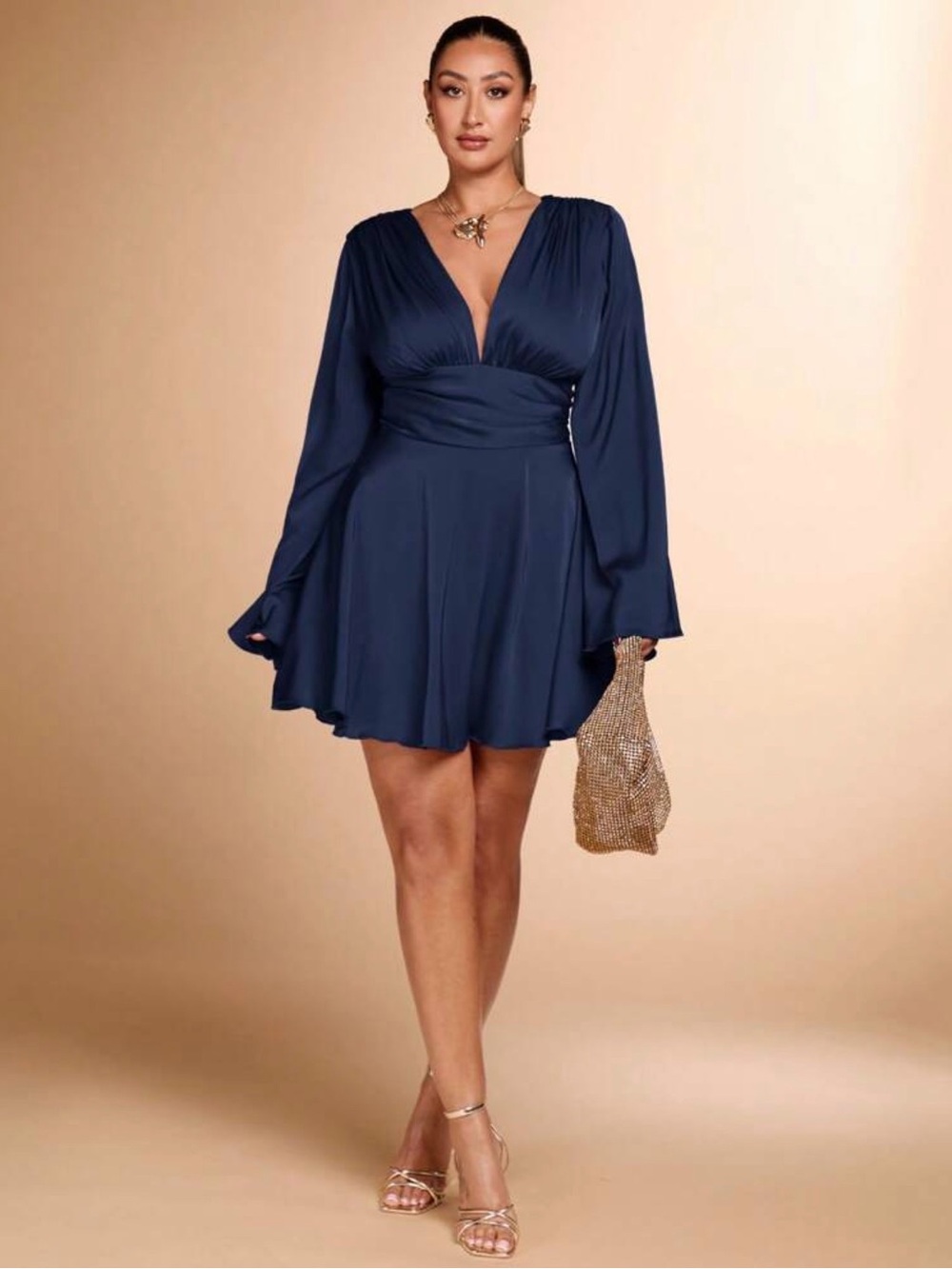 Deep Navy V-Neck Long Sleeve Mini Dress